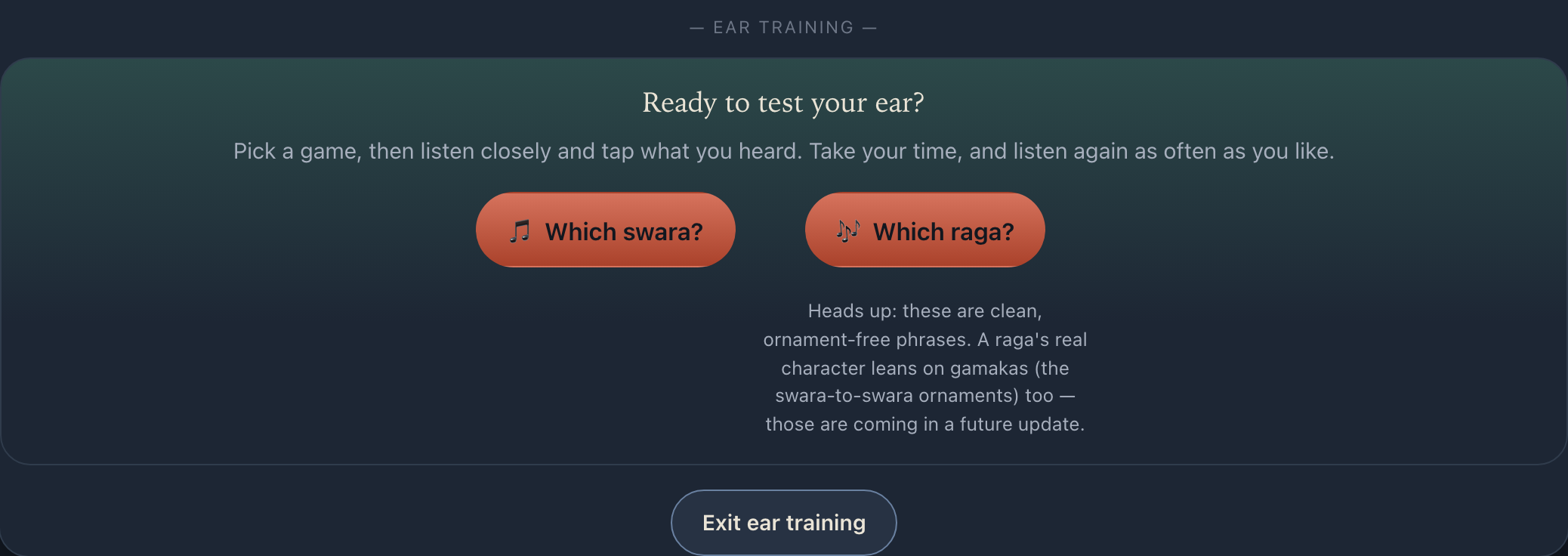 The ear-training screen: tap which swara you heard, with warm, number-free feedback.